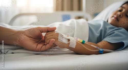 Young Patient Comforted by Caring Hand While Receiving Medical Treatment in Hospital