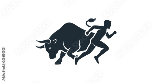 Billede på lærred Silhouette of a Man Running Away from an Aggressive Bull