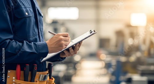 Handyman Working on a Project with a Clipboard in a Workshop