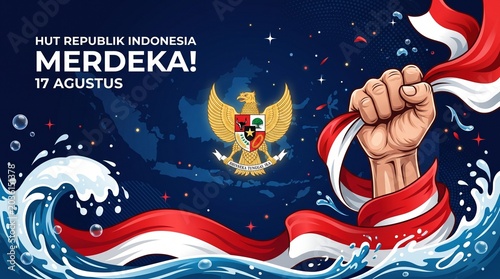 Indonesian Independence Day celebration with raised fist and flag ribbon