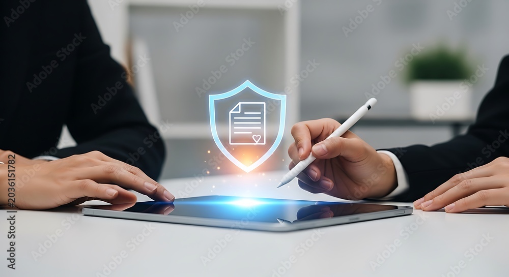 Naklejka premium Hands using tablet with glowing security shield and document symbol