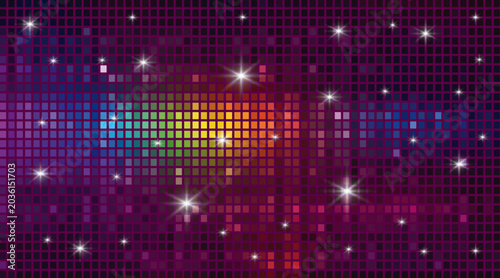 Fotografie Disco dance floor background with colorful rainbow pixel lights and sparkling stars