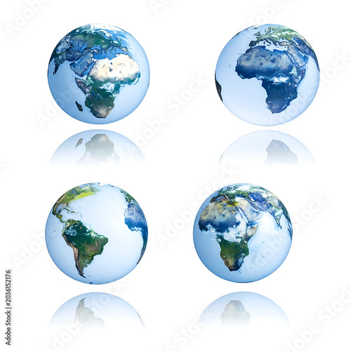 Four glowing earth globes with realistic continents and oceans reflected on a clean white background, representing global connections and diversity