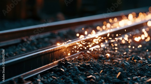Train tracks create sparks during a train's movement at night in a urban setting