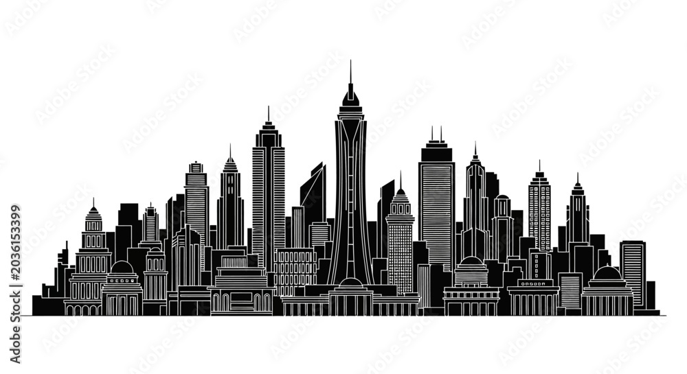 Fototapeta premium Modern City Skyline Silhouette Illustration, Urban Architectural Design