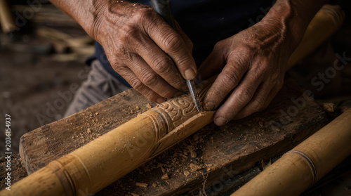 Closeup of hands carving intricate designs into bamboo stalk.