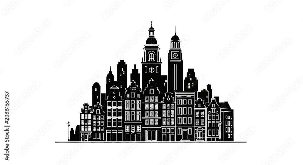 Obraz premium Amsterdam canal house skyline silhouette, traditional Dutch architecture