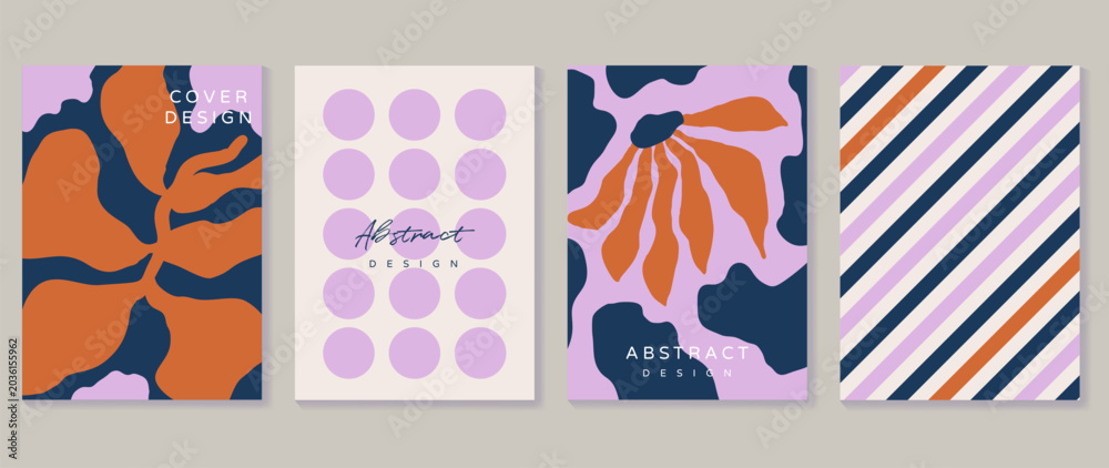 Obraz premium Abstract tropical cover vector set. Modern botanical posters with bold leaf silhouettes, dot pattern, diagonal stripes and minimalist layout.