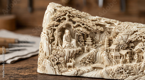 Intricate Ivory Carving Depicting Asian Landscape and Buddha Figure.