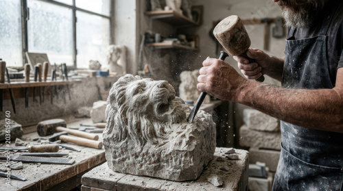 Lion Sculpture in Progress Stone Carving Artistry in Studio.