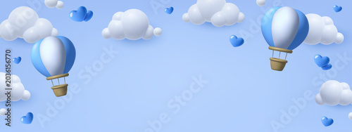 3D Hot air balloon background with blue hearts and clouds. Vector illustration