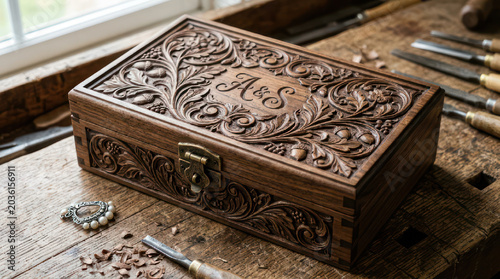 Ornate Carved Wooden Box with Initials and Floral Design.