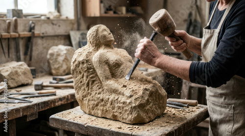 Sculpting a Stone Figure Artistic Creation in Progress.