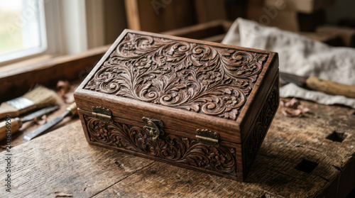 Ornate Wooden Box with Intricate Carvings on a Rustic Table.