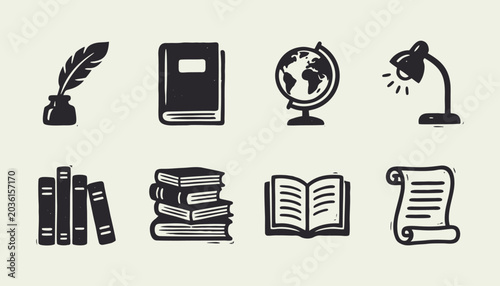Obraz na płótnie Hand drawn education icons set with books globe quill and scroll on cream backgr