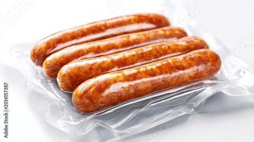 Packaged Sausages Four cooked sausages vacuum-sealed in transparent packaging on a white background.