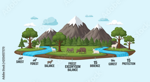 Billede på lærred Ecosystem Balance: Forest, Wildlife, Mountains, River, and Nature Conservation