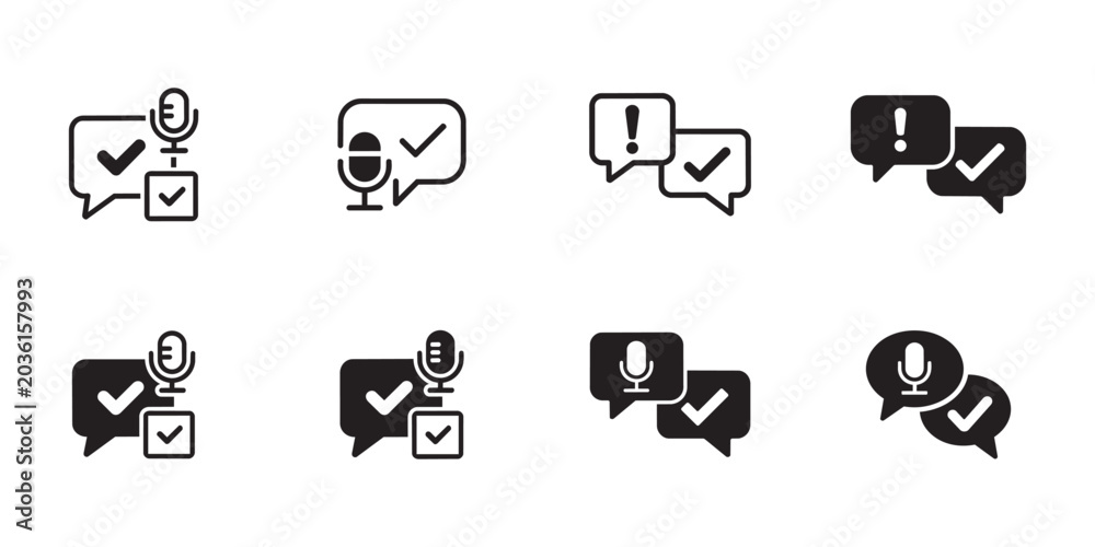 Fototapeta premium Collection of messaging icons featuring speech bubbles with microphones and checkmarks representing verified voice communication and audio messaging.