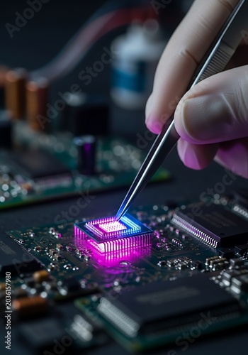 Gloved hand using tweezers on illuminated purple circuit chip