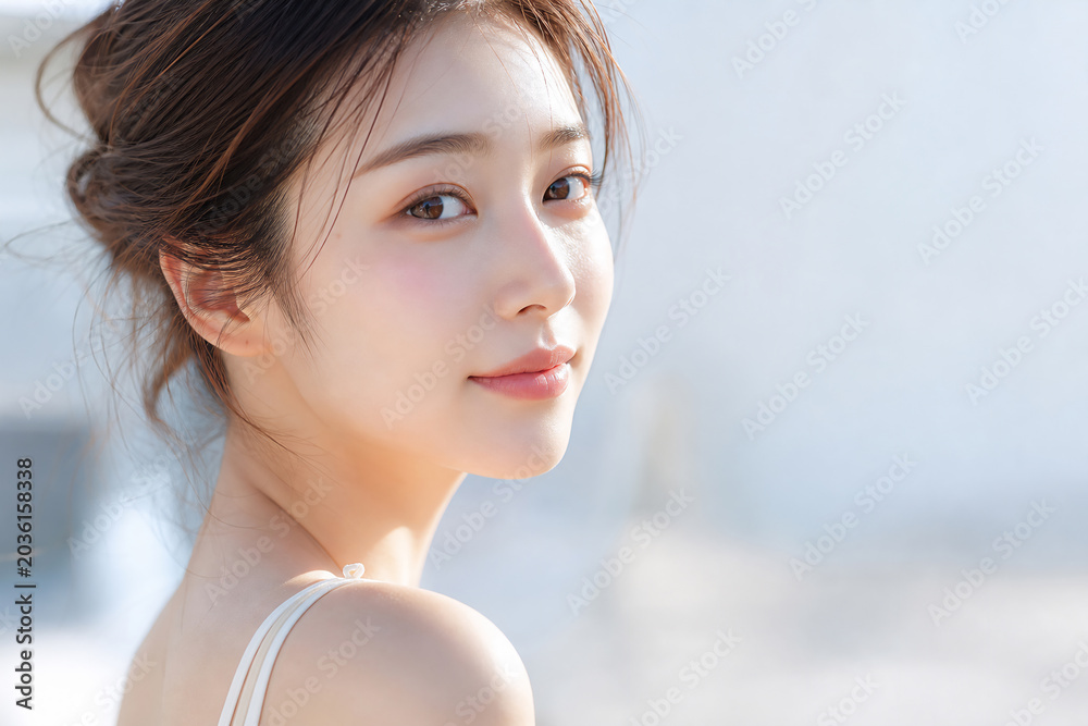 Fototapeta premium 屋外で振り返る美しい日本人女性 Generative AI