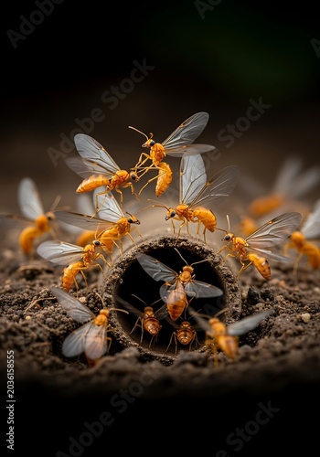 Winged orange ants swarming out of a soil burrow in closeup detail
