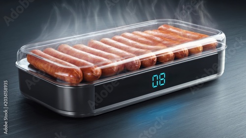 Packaged Sausages Electric hot dog cooker with digital timer, steaming multiple hot dogs in a sleek black appliance.