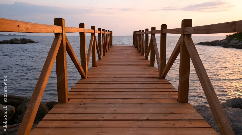Fototapeta premium A scenic wooden walkway extends over the water bathed in the warm serene light of the golden hour sunset