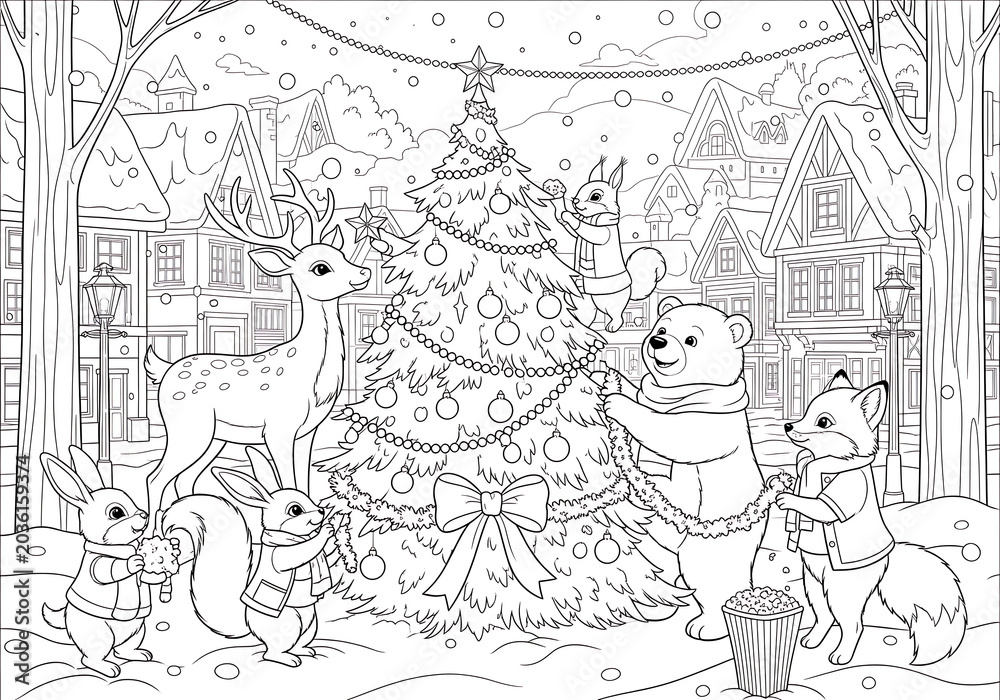 Fototapeta premium Christmas Animals Decorating Tree Coloring Page