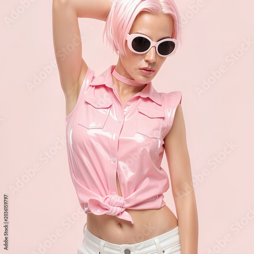 Trendy Monochromatic Pink Portrait of a Woman with Pink Hair and Sunglasses Wearing Latex Tied Shirt