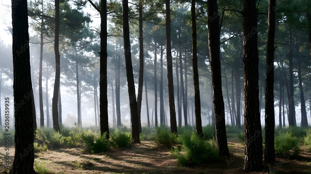 Fototapeta premium A tranquil pine forest scene bathed in soft morning light and atmospheric mist