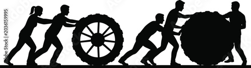 People Pushing Large Tractor Tires Silhouette Illustration Representing Teamwork Strength Fitness Training and Cooperation Concept