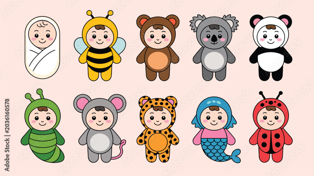 Fototapeta premium Collection of ten cute cartoon baby characters wearing various animal costumes for kids design