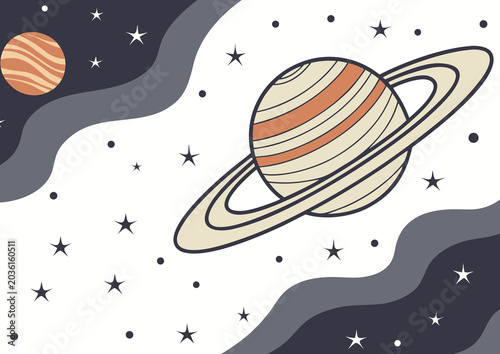 Abstract Cosmic Planetary System With Glowing Rings Stripes Vibrant Starfield Background Modern Space Art Concept