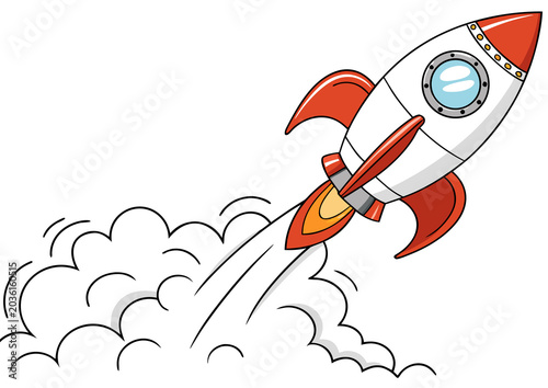Cartoon Rocket Launch Illustration Artwork With Bright Flames And Colorful Space Background Modern Space Concept