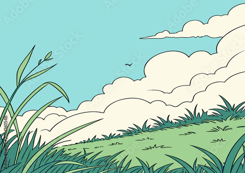 Peaceful Blue Sky With Fluffy Clouds Green Field Background Illustration Nature Landscape Concept Design