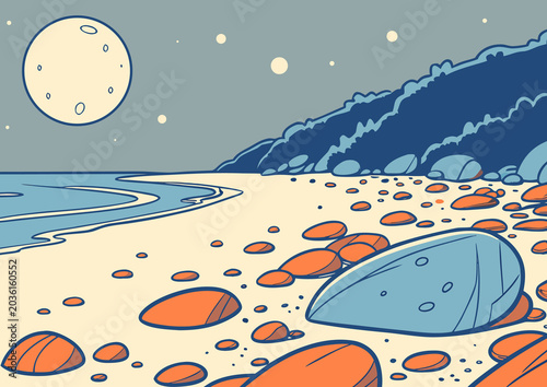 Moonlit Beach Landscape With Colorful Sea Glass Gentle Ocean Waves Reflection Calm Night Nature Illustration