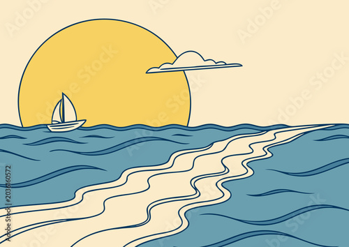 Peaceful Ocean Sunset Minimalist Illustration Artwork With Soft Horizon Calm Waves Background Modern Nature Design