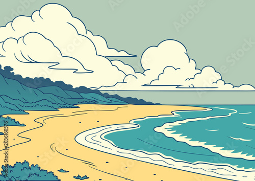Peaceful Ocean Shoreline Summer Landscape Illustration Beautiful Beach Scene Artwork Design Concept Modern Style