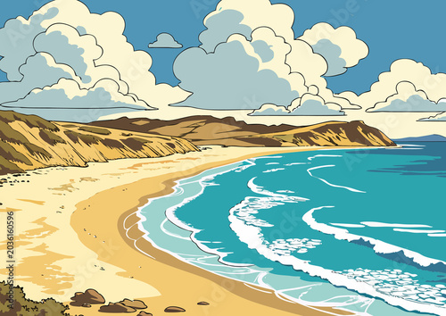 Peaceful Sunny Beach Landscape Illustration Artwork With Golden Sand Calm Blue Ocean Waves Tropical Scene Concept