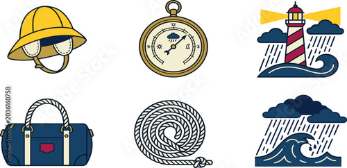 Fotografi Nautical Travel and Maritime Adventure Icon Set featuring Pith Helmet Barometer