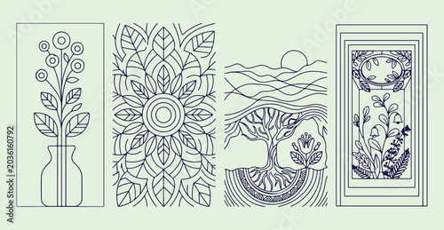 Photos Mandala flower pattern, scenic sunset landscape, nature zen art, meditative outd