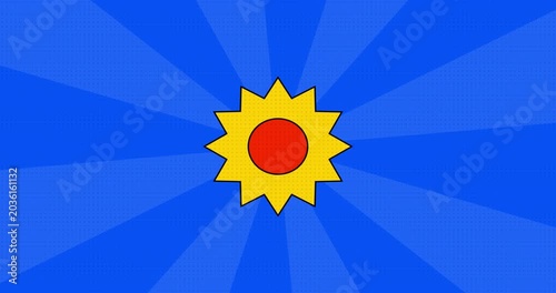 Animated cartoon sun shining on blue background with radiating rays and small star appearing.