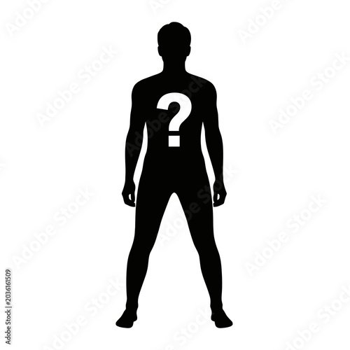 Silhouette of a person with a question mark symbol on chest, representing mystery or unknown identity, isolated on white