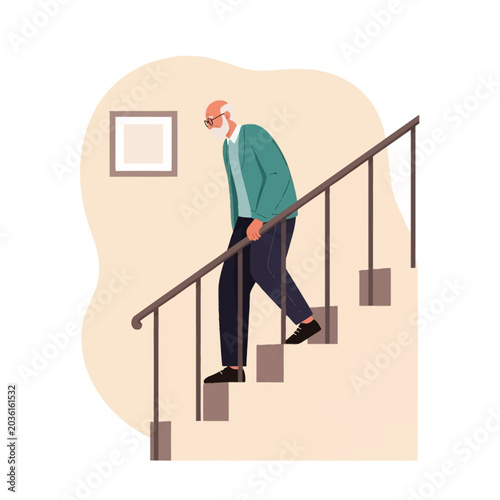 Flat vector illustration of an elderly senior man with white hair and glasses wearing a green cardigan climbing indoor wooden stairs while holding onto the railing for support.