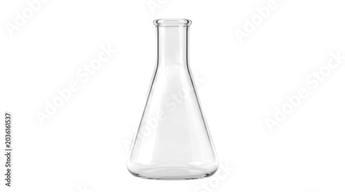 Glass volumetric flask with narrow neck and measurement markings on white background.