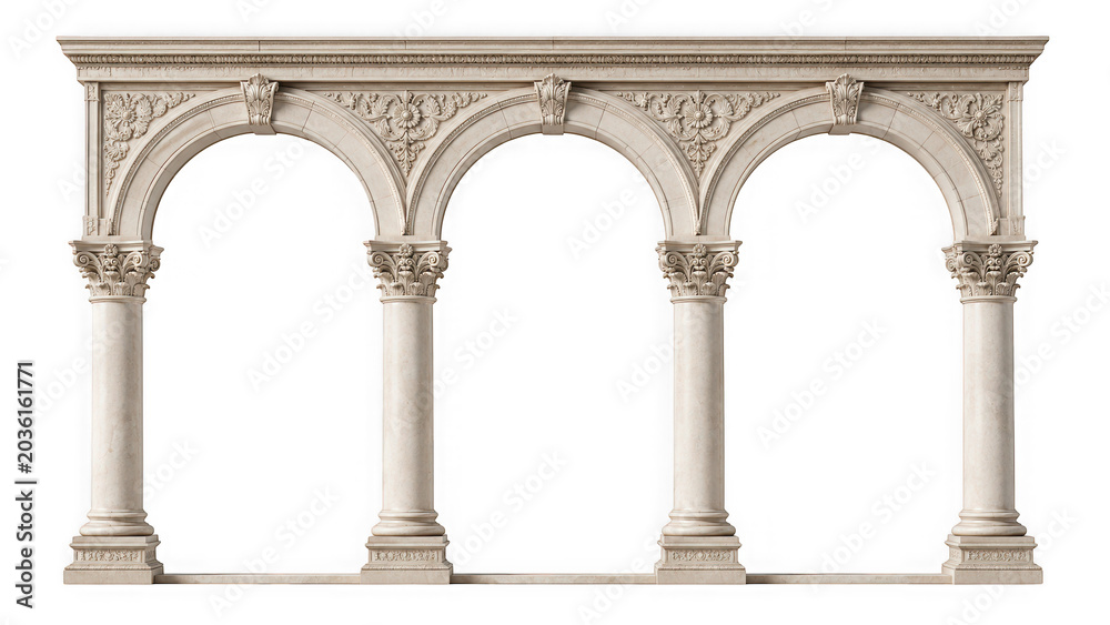 Naklejka premium Classical architectural arcade with three stone arches as PNG asset isolated on transparent background