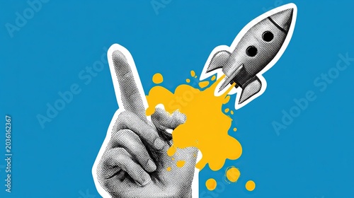 Pop art collage on solid blue background, halftone rocket with white outline launching from textured hand, upward pointing finger, yellow blast trails and splatters for speed and ambition themed desig