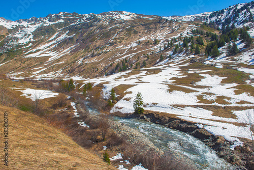 beautiful landscape in French Alps in Tarentaise valley with rocky peak mount...