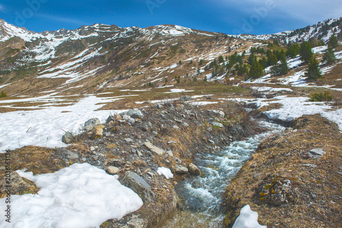 beautiful landscape in French Alps in Tarentaise valley with rocky peak mountains in background  with  some snow and clear water from a stream flowing in valley
