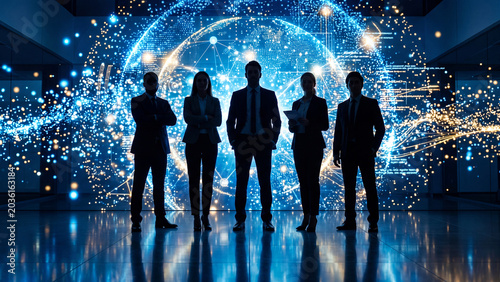 Silhouette of professional business team standing before a large digital global data network screen